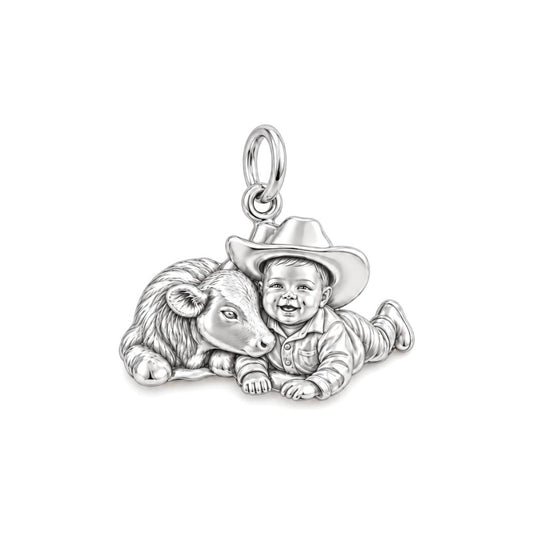Little Cowboy and Calf Charm Bracelet – Personalized Baby Gift – silver charm, front view