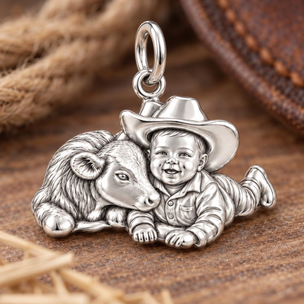 Little Cowboy and Calf Charm Bracelet – Personalized Baby Gift – macro detail of the charm
