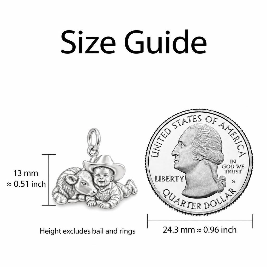 Little Cowboy and Calf Charm Bracelet – Personalized Baby Gift – size guide, 13 mm charm next to a quarter