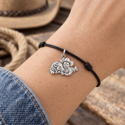 Little Cowboy and Calf Charm Bracelet – Personalized Baby Gift – worn on the wrist on a black cord bracelet