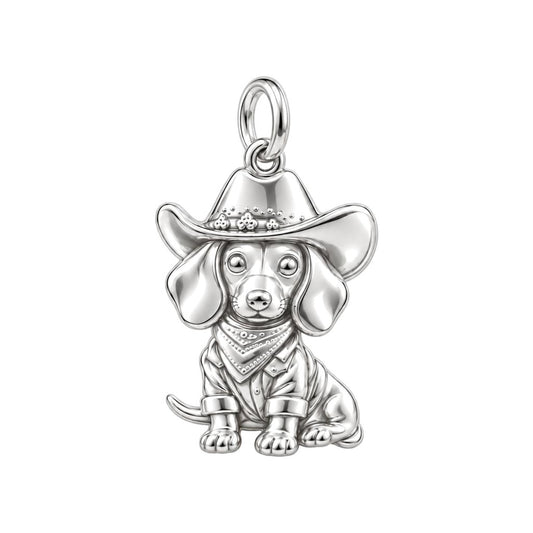 Little Cowboy Dachshund Charm Bracelet – Personalized Dog Mom Gift – silver charm, front view