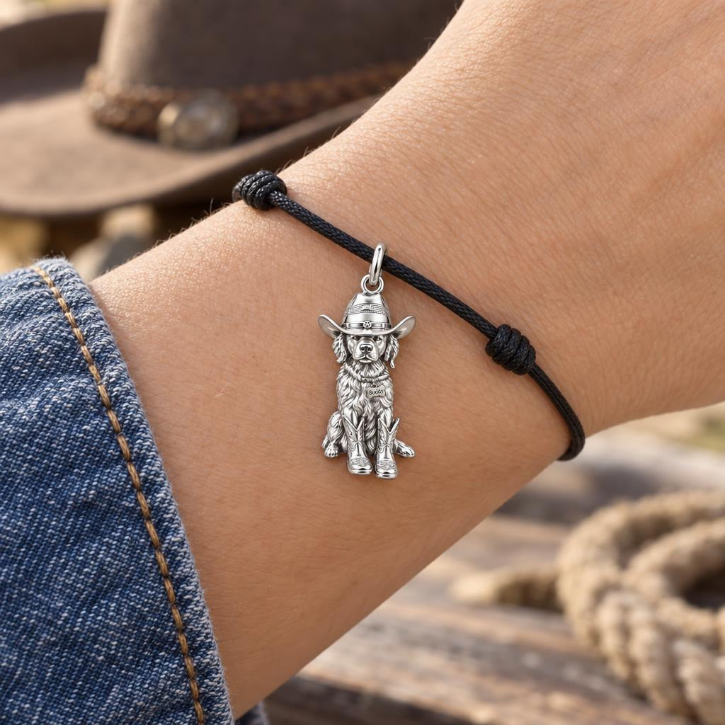 Little Cowboy Dog Charm Bracelet – Personalized Dog Mom Gift – worn on the wrist on a black cord bracelet