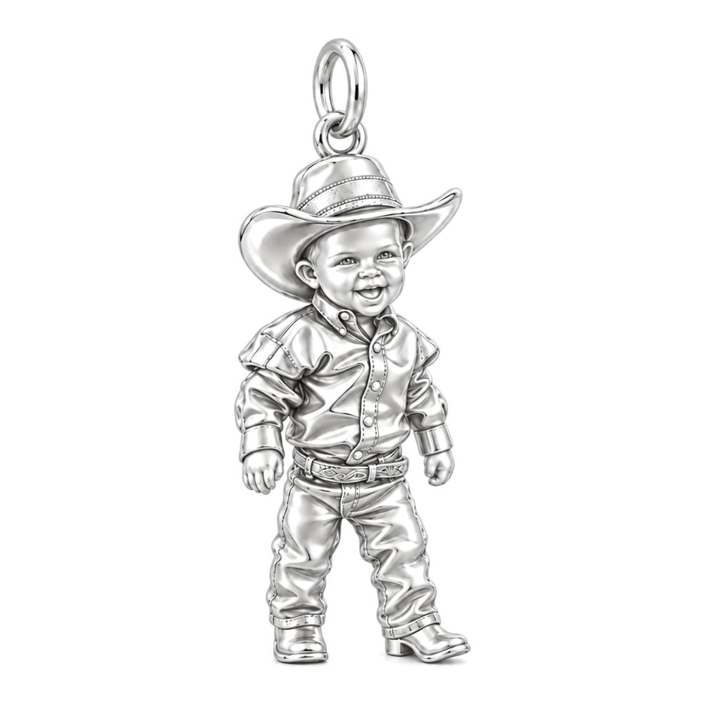 Little Cowboy Portrait Charm Bracelet – Personalized Baby Gift – silver charm, front view