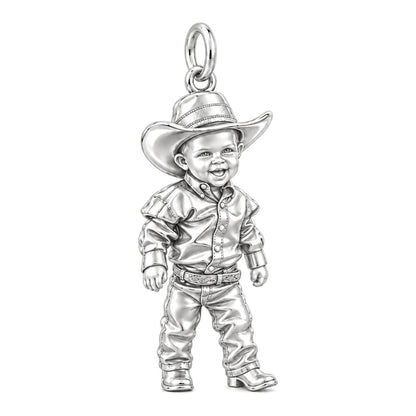 Little Cowboy Portrait Charm Bracelet – Personalized Baby Gift – silver charm, front view