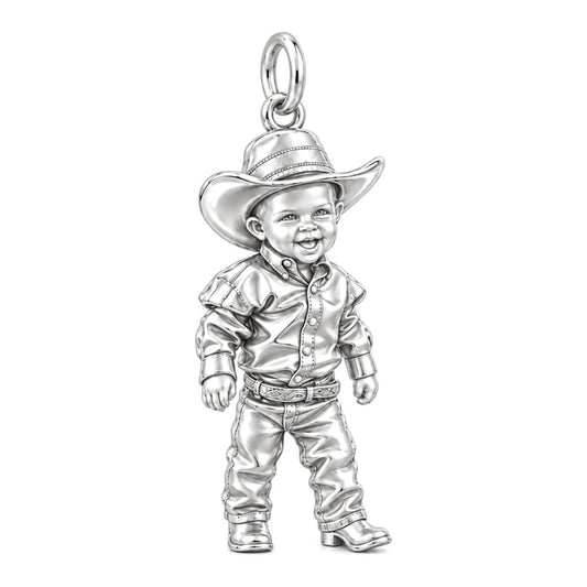 Little Cowboy Portrait Charm Bracelet – Personalized Baby Gift – silver charm, front view