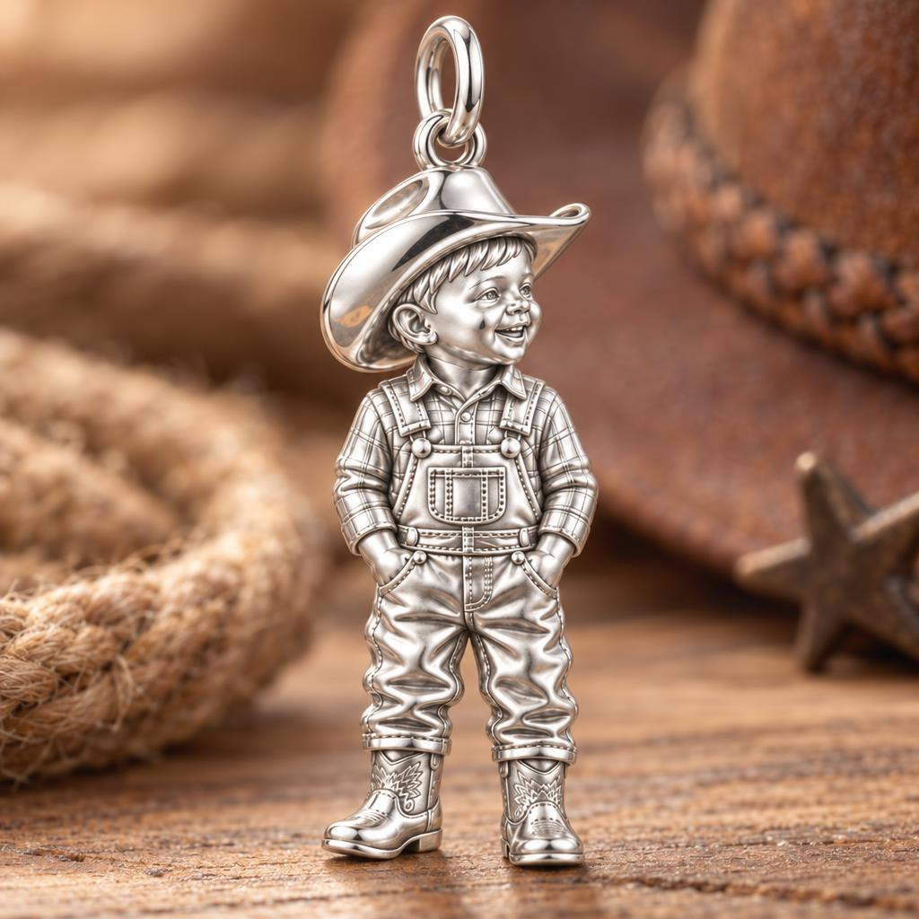 Little Cowboy Portrait Charm Bracelet – Personalized Baby Gift – macro detail of the charm
