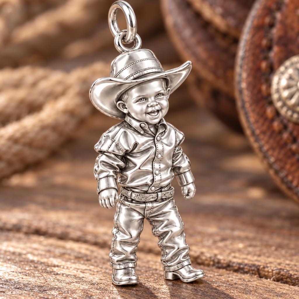 Little Cowboy Portrait Charm Bracelet – Personalized Baby Gift – macro detail of the charm