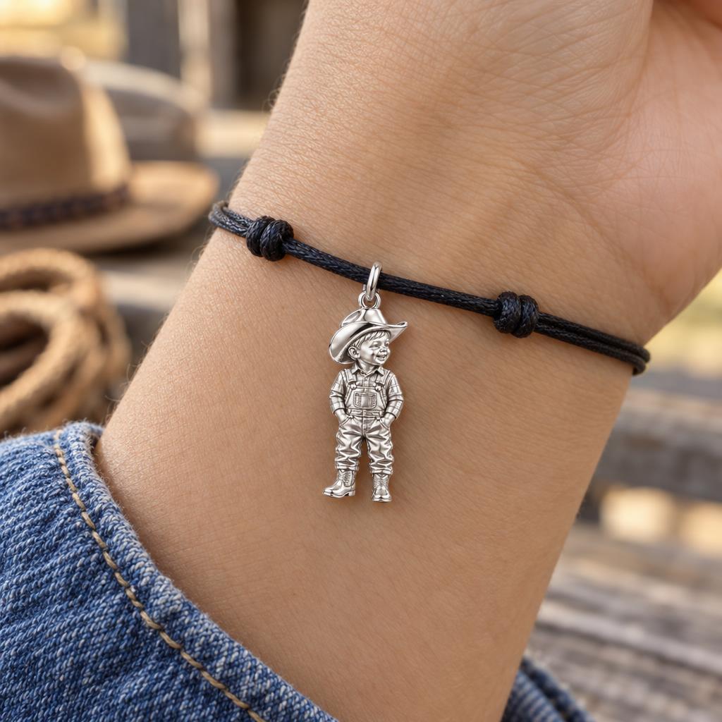 Little Cowboy Portrait Charm Bracelet – Personalized Baby Gift – worn on the wrist on a black cord bracelet