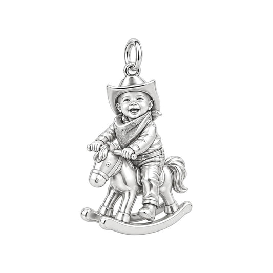 Little Cowboy Rocking Horse Charm Bracelet – Personalized Baby Gift – silver charm, front view
