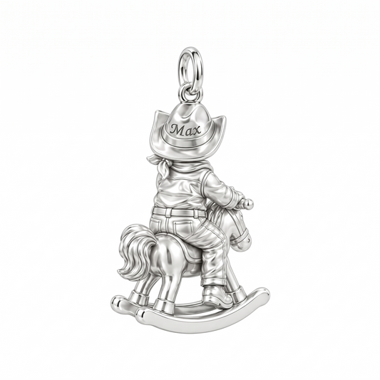 Little Cowboy Rocking Horse Charm Bracelet – Personalized Baby Gift – back of the charm, engraving area