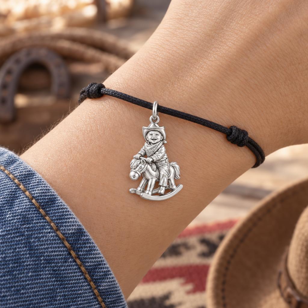 Little Cowboy Rocking Horse Charm Bracelet – Personalized Mom Gift – worn on the wrist on a black cord bracelet