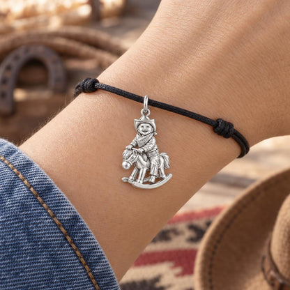 Little Cowboy Rocking Horse Charm Bracelet – Personalized Mom Gift – worn on the wrist on a black cord bracelet