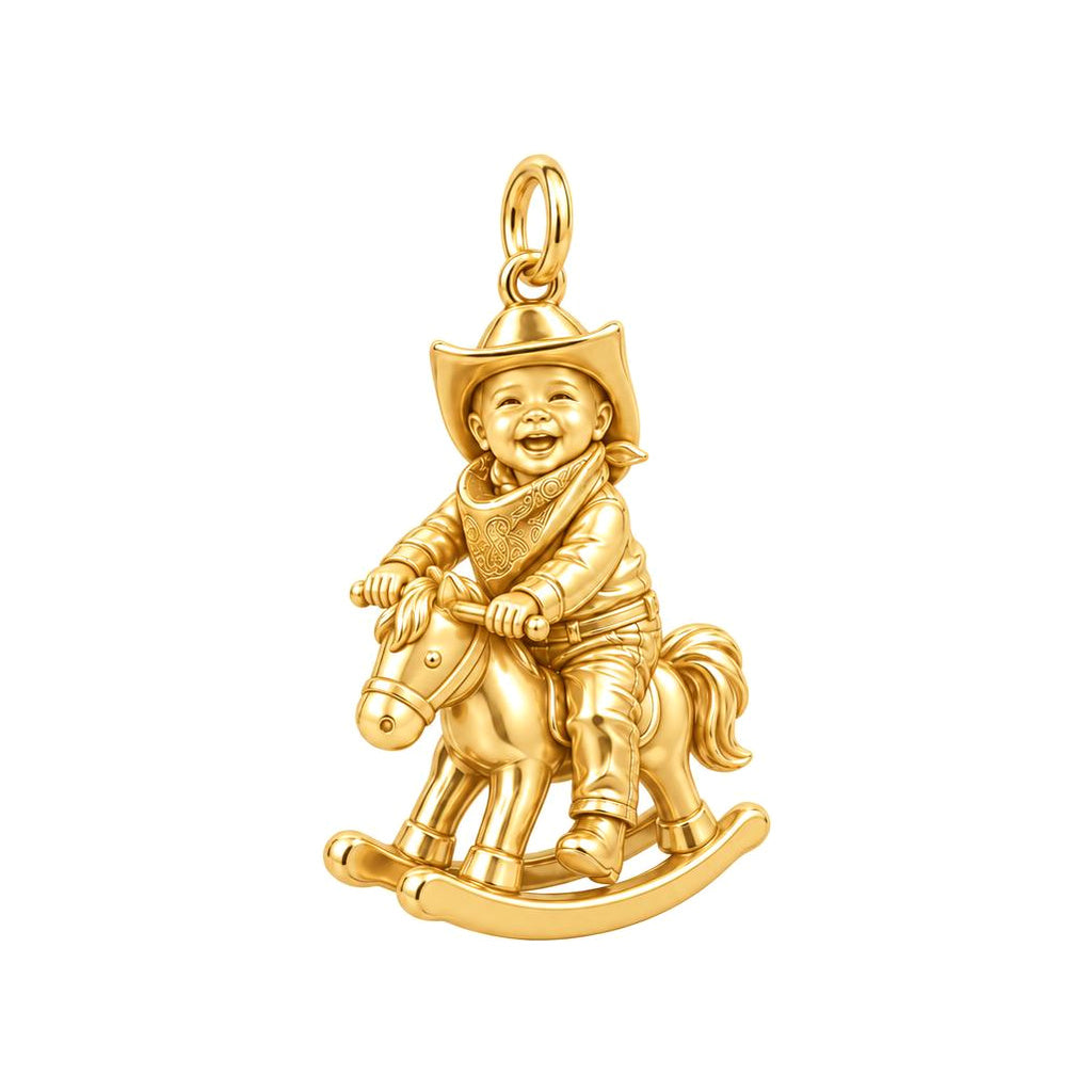 Little Cowboy Rocking Horse Charm Bracelet – Personalized Mom Gift – 18K gold charm, front view