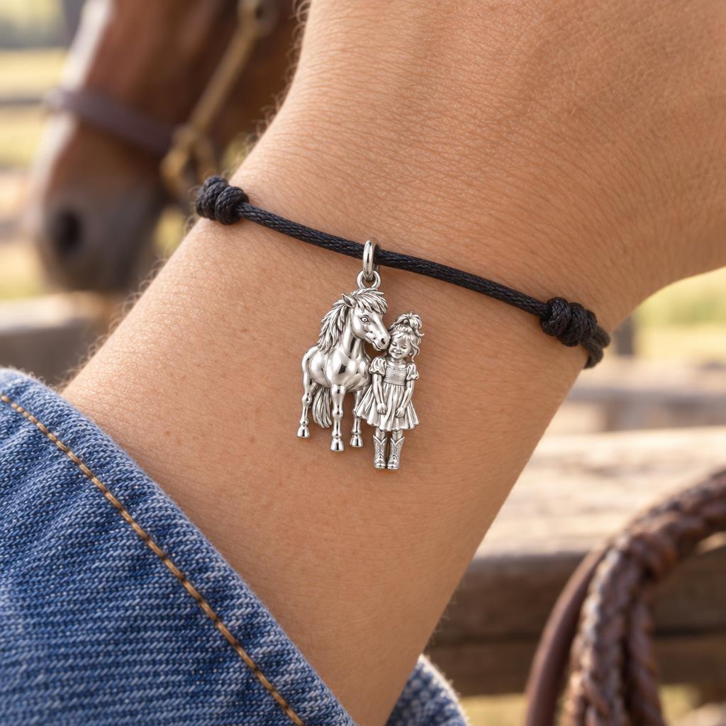 Little Cowgirl and Pony Charm Bracelet – Personalized Mom Gift – worn on the wrist on a black cord bracelet