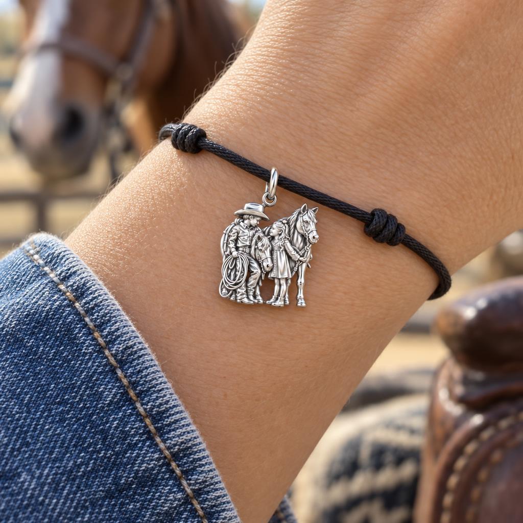 Little Cowpokes and Pony Charm Bracelet – My Horse, My Heart – worn on the wrist on a black cord bracelet