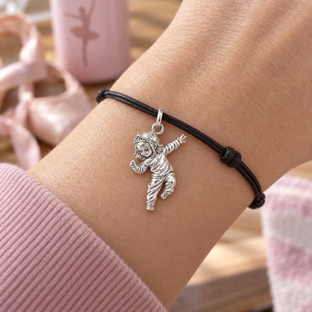 Little Dancing Queen Charm Bracelet – Personalized Mom Gift – worn on the wrist on a black cord bracelet