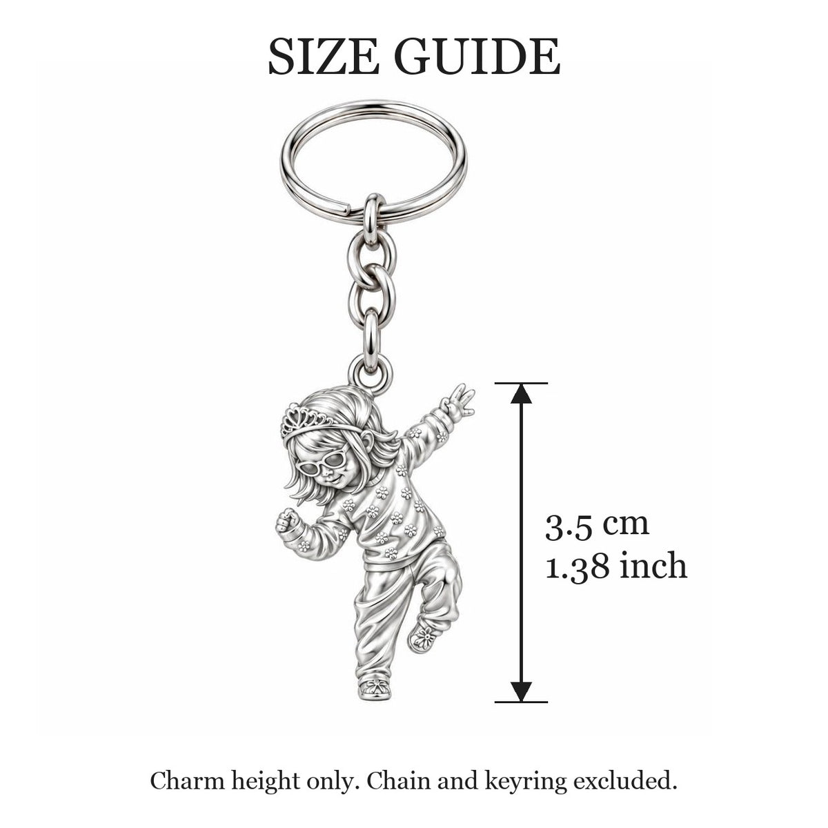 Little Dancing Queen Charm Keychain – size guide, 3.5 cm (1.38 in) charm, chain and keyring excluded