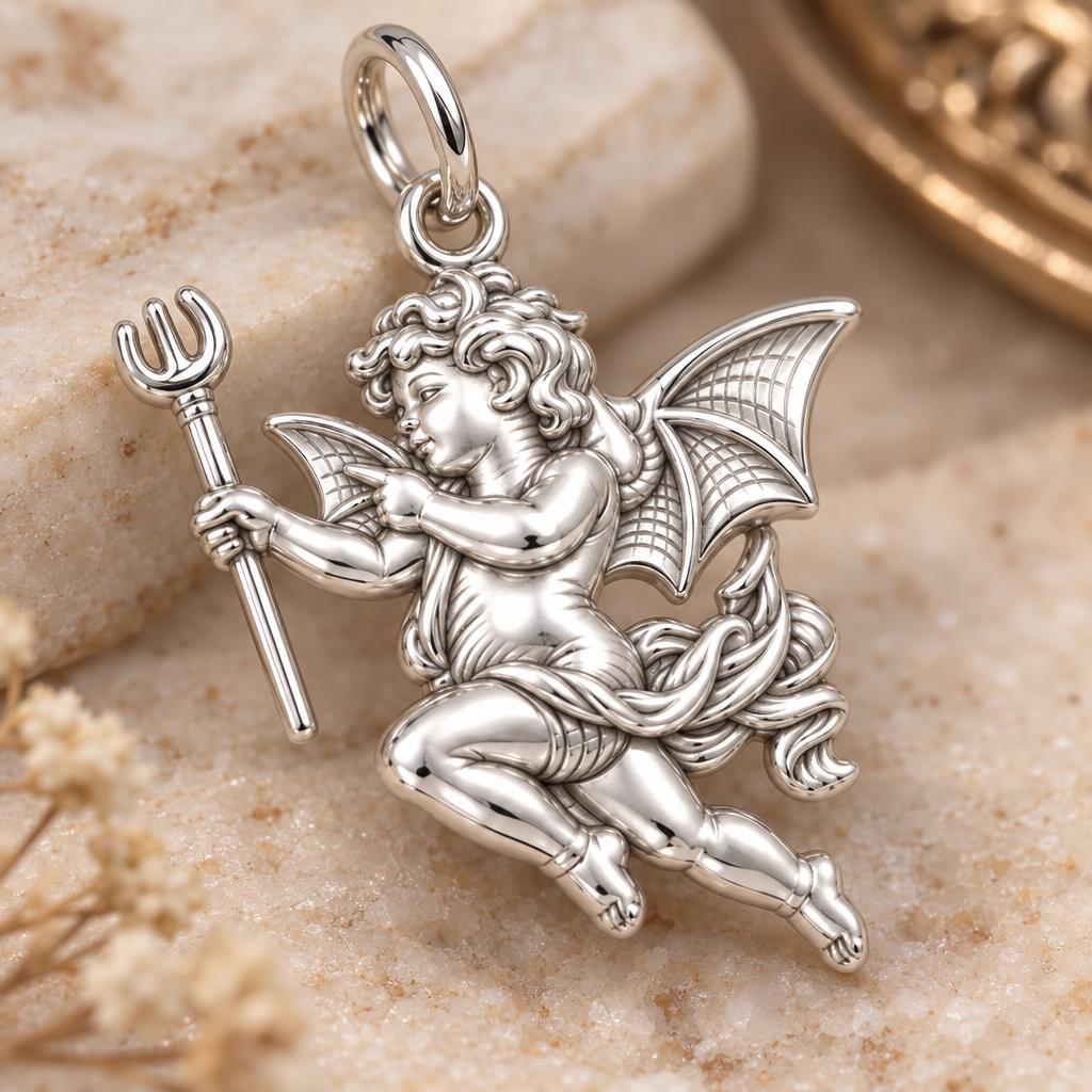 Little Devil Cherub Charm Bracelet – Personalized Couple Gift – macro detail of the charm