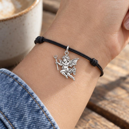 Little Devil Cherub Charm Bracelet – Personalized Couple Gift – worn on the wrist on a black cord bracelet