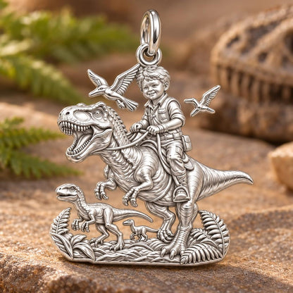 Little Dino Adventurer Charm Bracelet – Personalized Mom Gift – macro detail of the charm