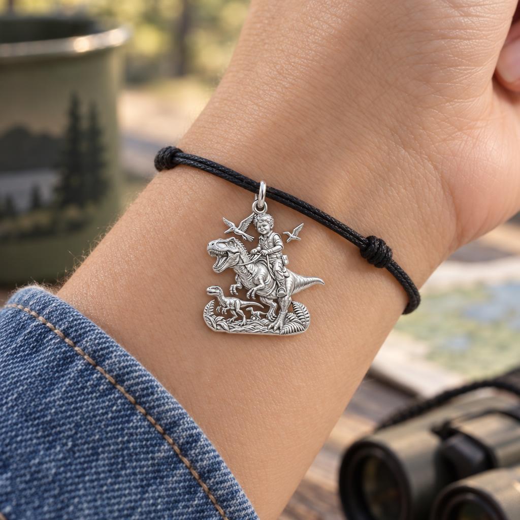 Little Dino Adventurer Charm Bracelet – Personalized Mom Gift – worn on the wrist on a black cord bracelet
