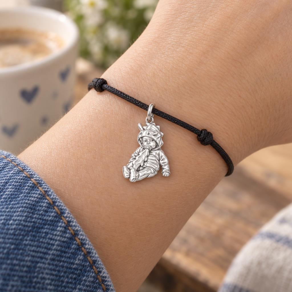 Little Dragon Baby Charm Bracelet – Personalized Mom Gift – worn on the wrist on a black cord bracelet