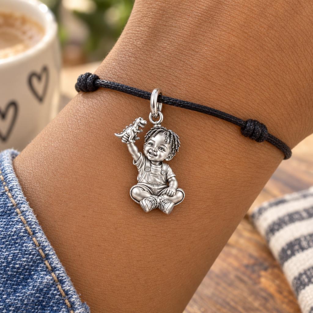 Little Dreamer Charm Bracelet – Personalized Black Mom Gift – worn on the wrist on a black cord bracelet