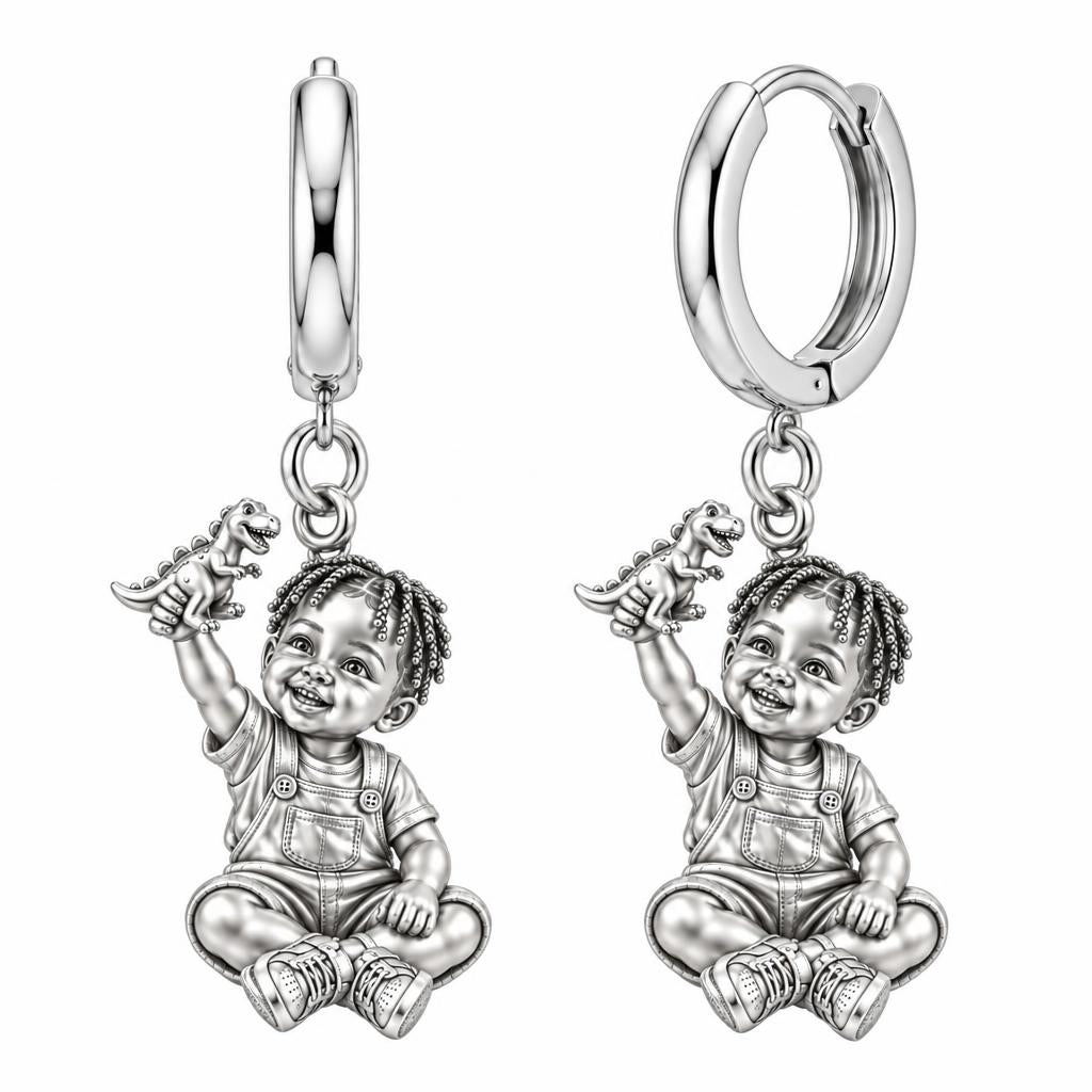 Little Dreamer Dinosaur Play Huggie Charm Earrings – silver, front view