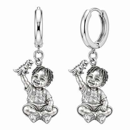 Little Dreamer Dinosaur Play Huggie Charm Earrings – silver, front view