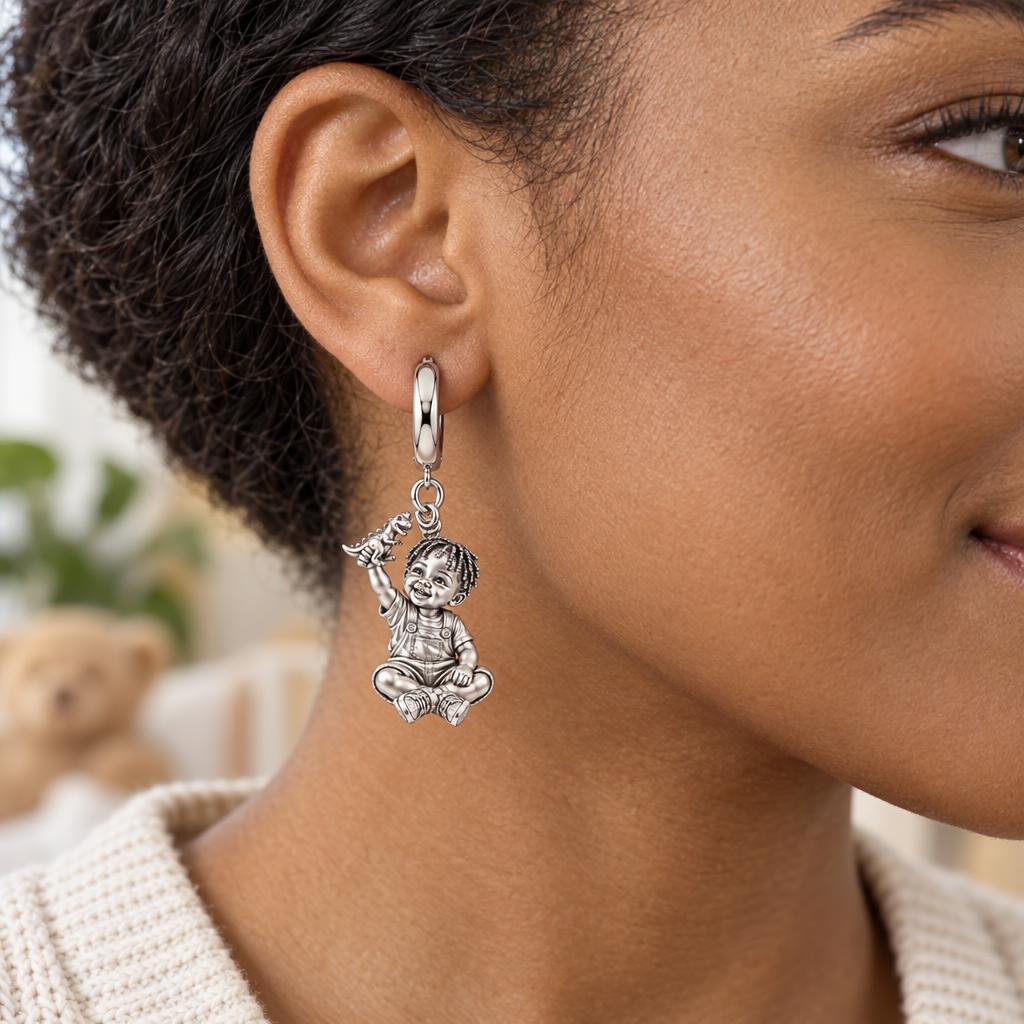 Little Dreamer Dinosaur Play Huggie Charm Earrings – worn / in use
