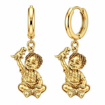 Little Dreamer Dinosaur Play Huggie Charm Earrings – 18K gold, front view