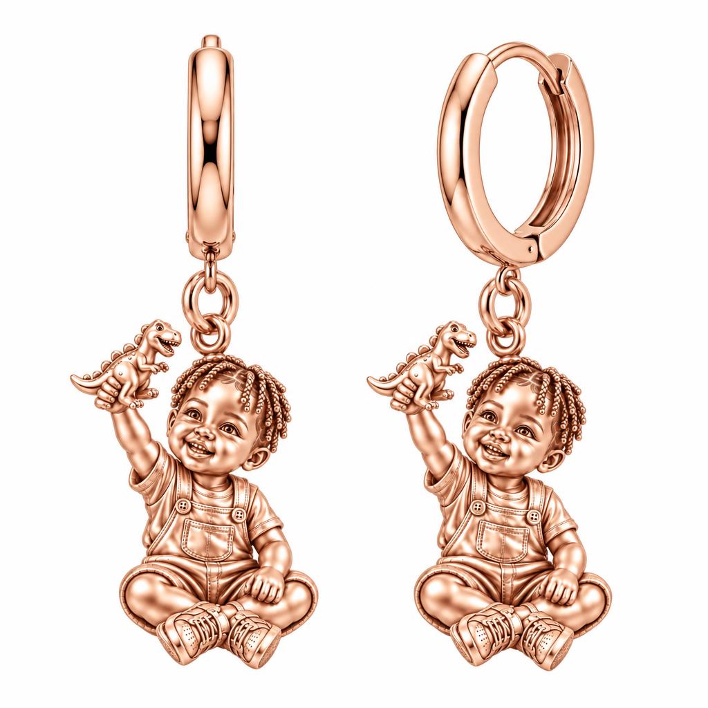 Little Dreamer Dinosaur Play Huggie Charm Earrings – rose gold, front view