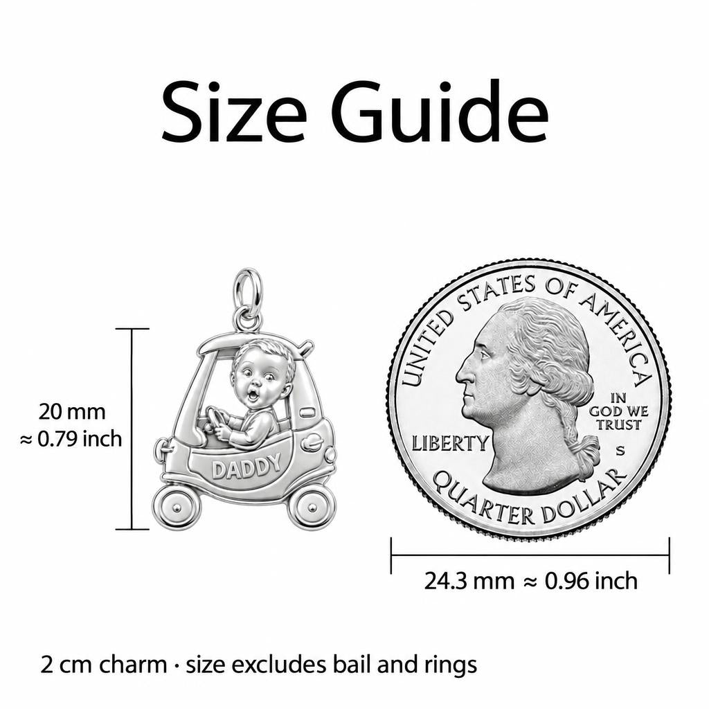 Little Driver Toy Car Charm Bracelet – Personalized Dad Gift – size guide, 3 cm charm next to a quarter