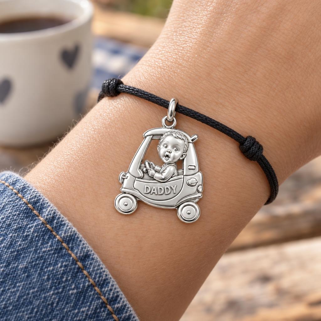 Little Driver Toy Car Charm Bracelet – Personalized Dad Gift – worn on the wrist on a black cord bracelet