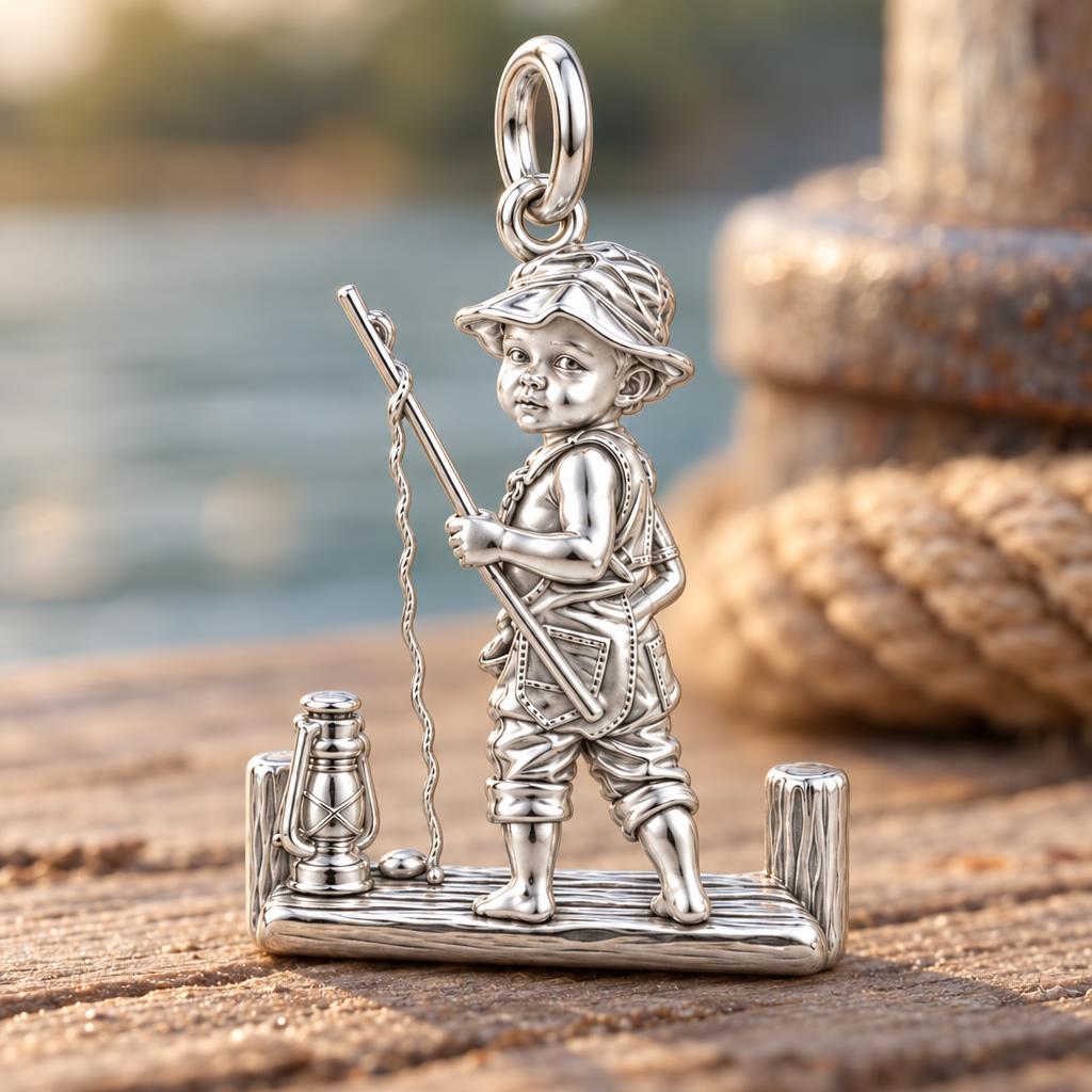 Little Fisherman Charm Bracelet – Personalized baby fishing Gift – macro detail of the charm
