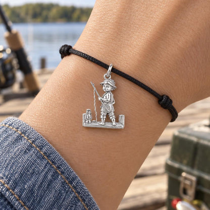 Little Fisherman Charm Bracelet – Personalized baby fishing Gift – worn on the wrist on a black cord bracelet