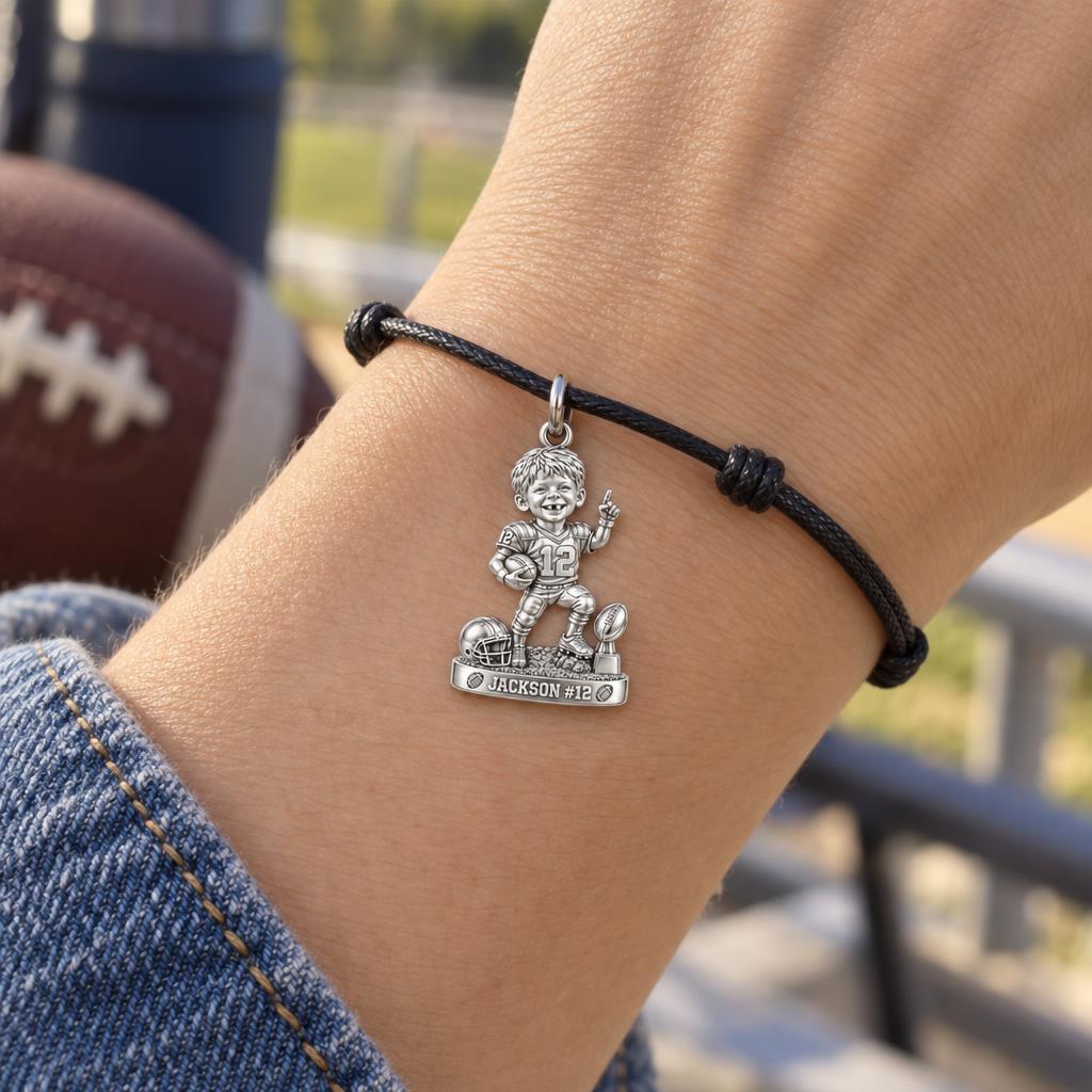 Little Football MVP Charm Bracelet – Personalized Mom Gift – worn on the wrist on a black cord bracelet