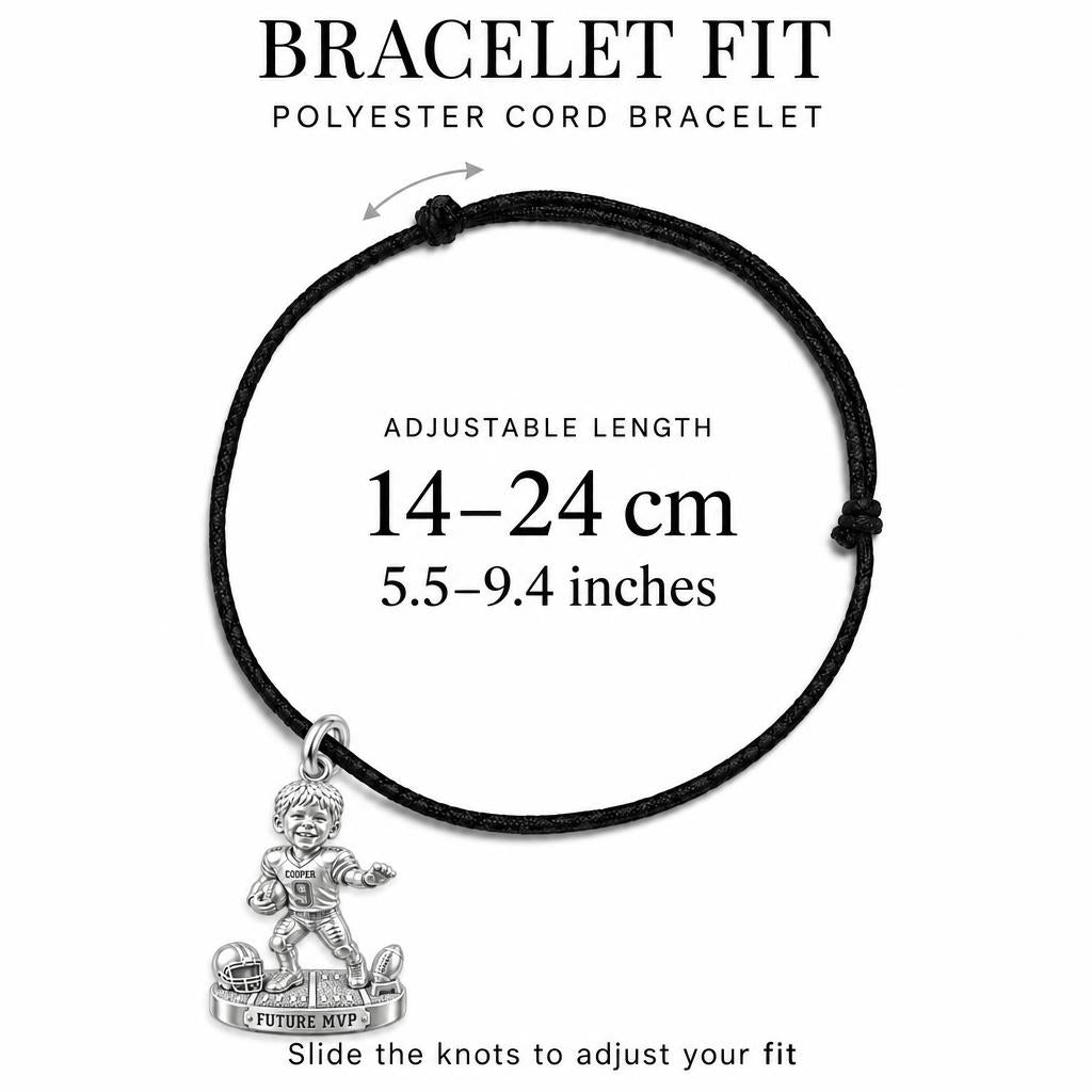 Little Football Star Charm Bracelet – Personalized Mom Gift – adjustable black cord bracelet, 14–24 cm
