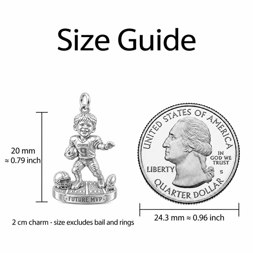 Little Football Star Charm Bracelet – Personalized Mom Gift – size guide, 2 cm charm next to a quarter