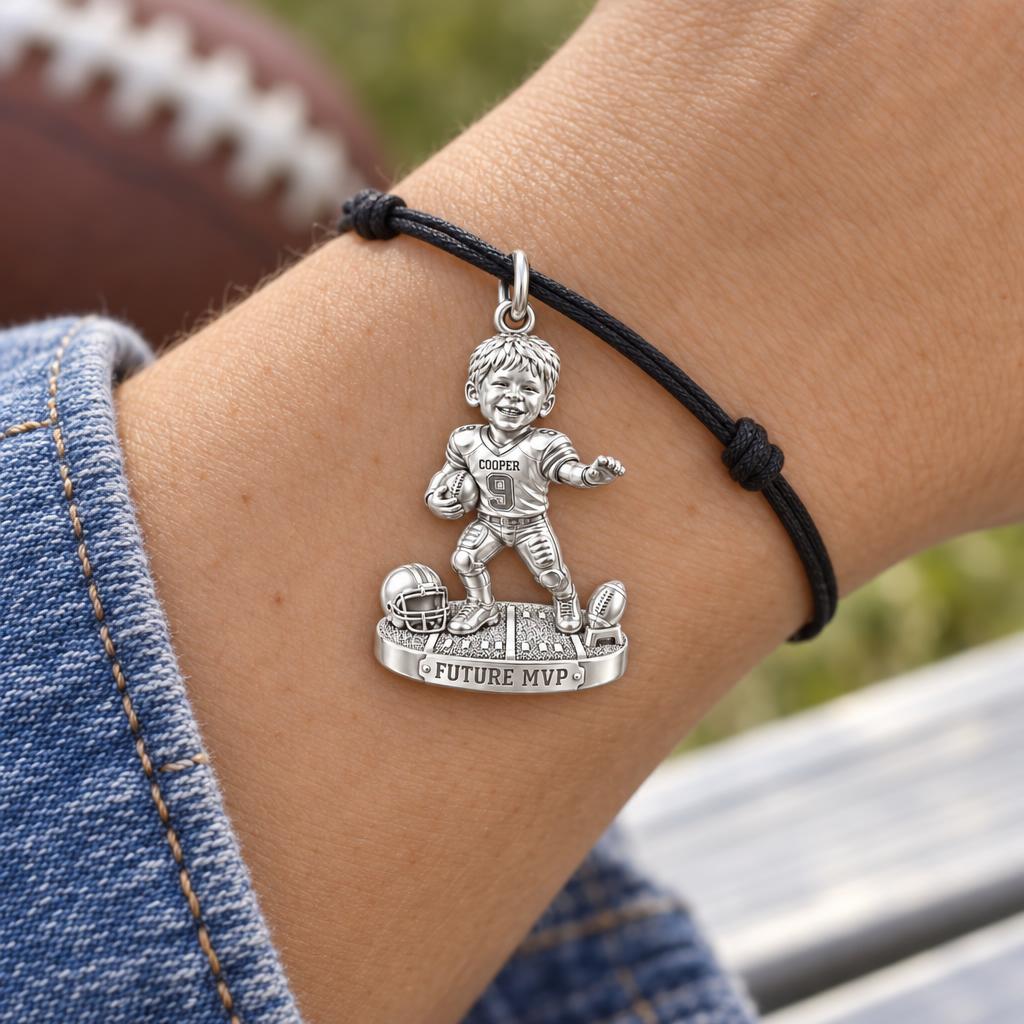 Little Football Star Charm Bracelet – Personalized Mom Gift – worn on the wrist on a black cord bracelet