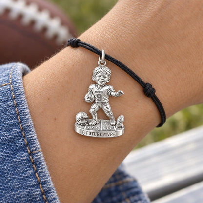 Little Football Star Charm Bracelet – Personalized Mom Gift – worn on the wrist on a black cord bracelet