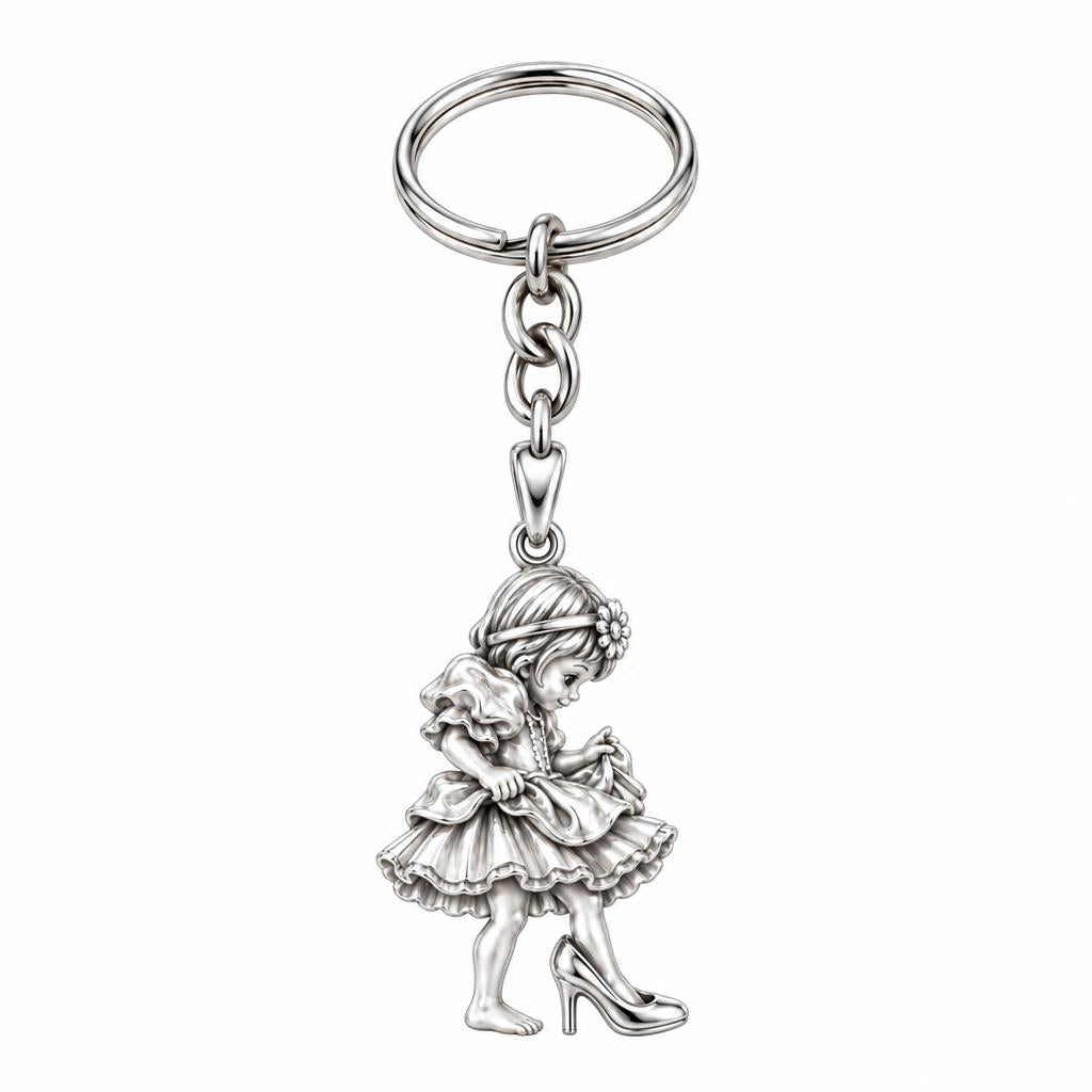 Little Girl in Mommy's Shoes Charm Keychain – silver, front view