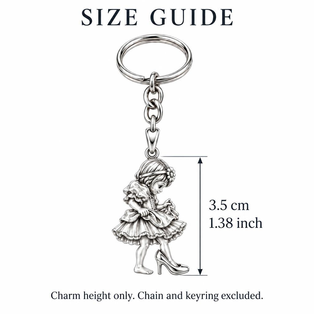 Little Girl in Mommy's Shoes Charm Keychain – size guide, 3.5 cm (1.38 in) charm, chain and keyring excluded
