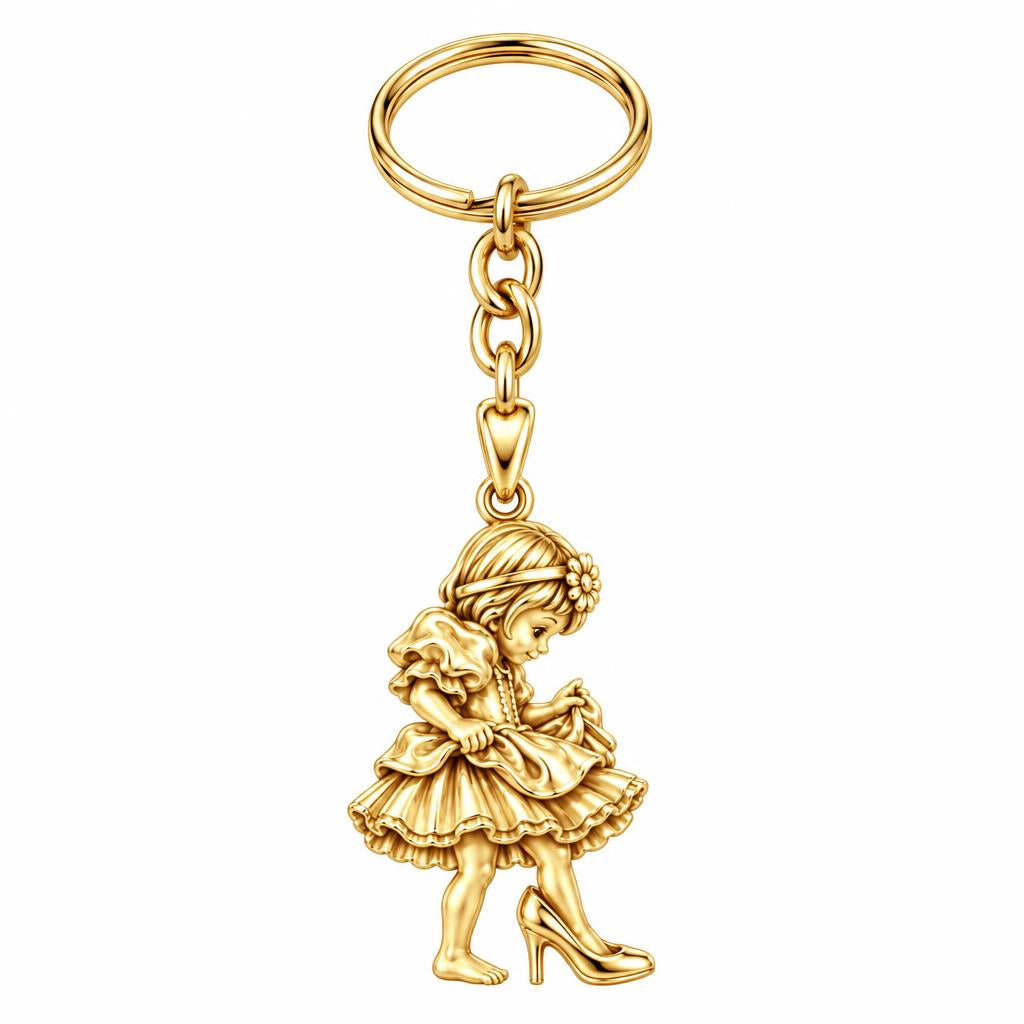 Little Girl in Mommy's Shoes Charm Keychain – 18K gold, front view