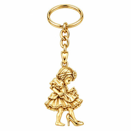 Little Girl in Mommy's Shoes Charm Keychain – 18K gold, front view