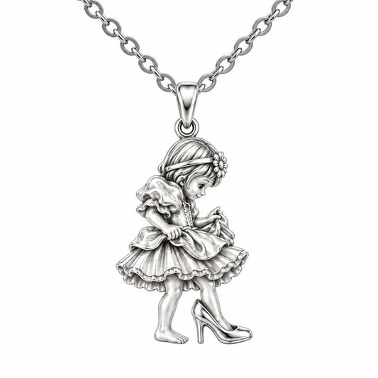 Little Girl in Mommy's Shoes Charm Necklace Set – silver, front view