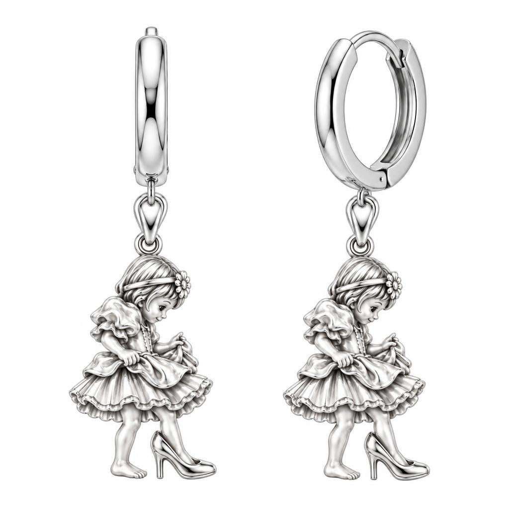Little Girl in Mommy's Shoes Huggie Charm Earrings – silver, front view