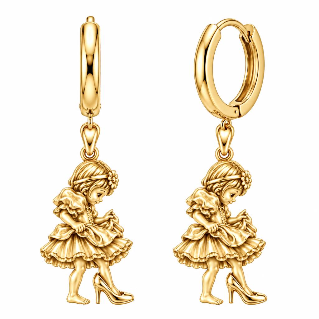 Little Girl in Mommy's Shoes Huggie Charm Earrings – 18K gold, front view