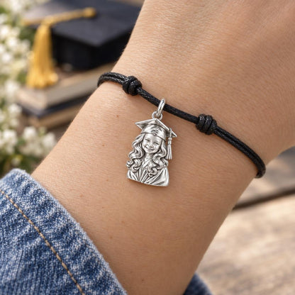 Little Graduate Charm Bracelet – Personalized Mom Gift – worn on the wrist on a black cord bracelet