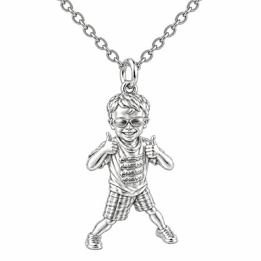 Little Hero Thumbs Up Charm Necklace Set – silver, front view